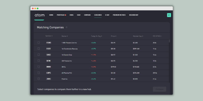 Atom Finance Stock Screener