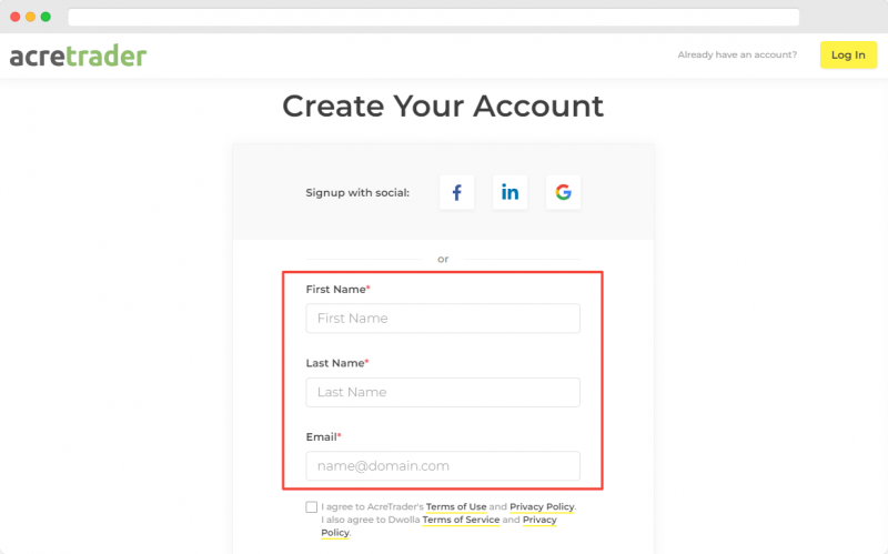 AcreTrader Create an Account