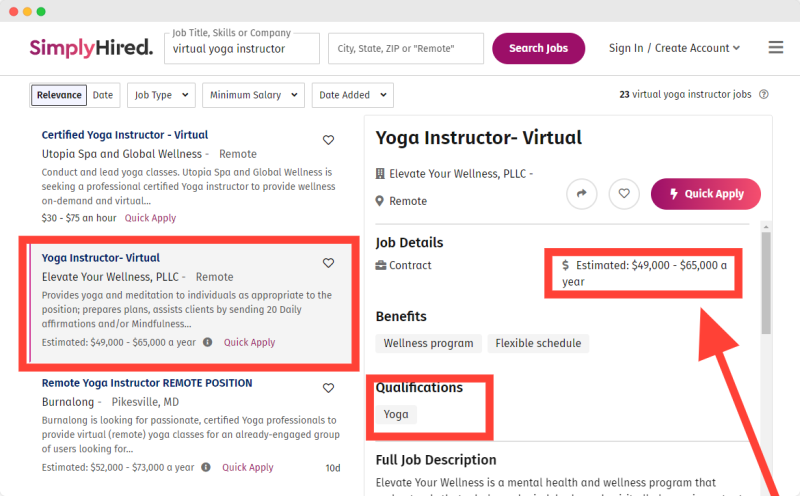 SimplyHired yoga instructors to work from home